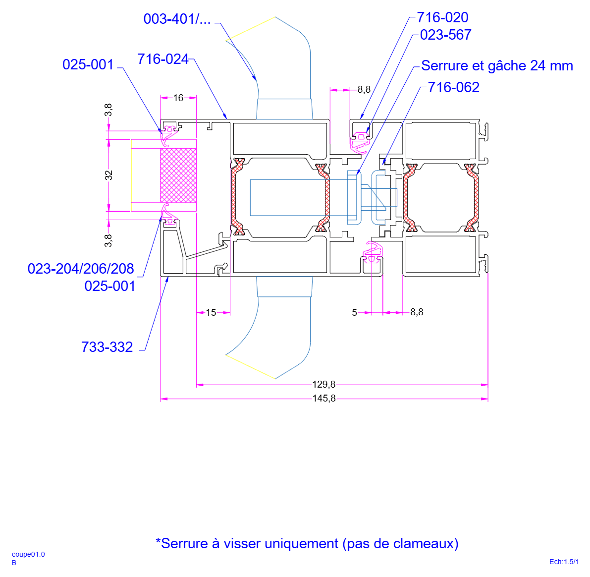 Coupe sur la Cuzco® 716, porte à un vantail en ouverture intérieure avec adaptateur de serrure : dormant, vantail, paumelles et joints de battue.