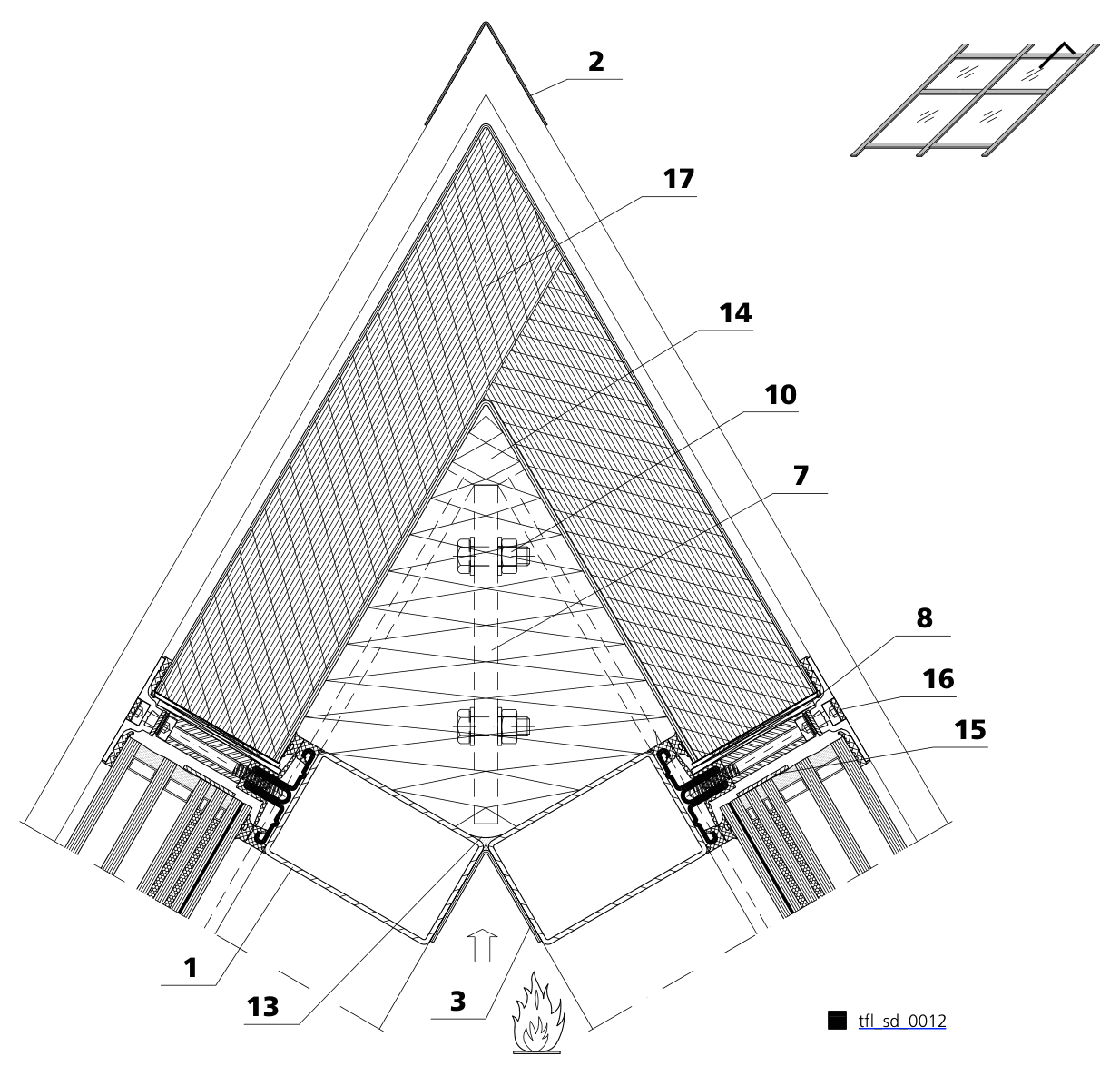 Coupe sur le faîtage d'une verrière forster thermfix light classée EI : les deux pentes, l'ossature tubulaire et, en bas du dessin, le côté exposé au feu.