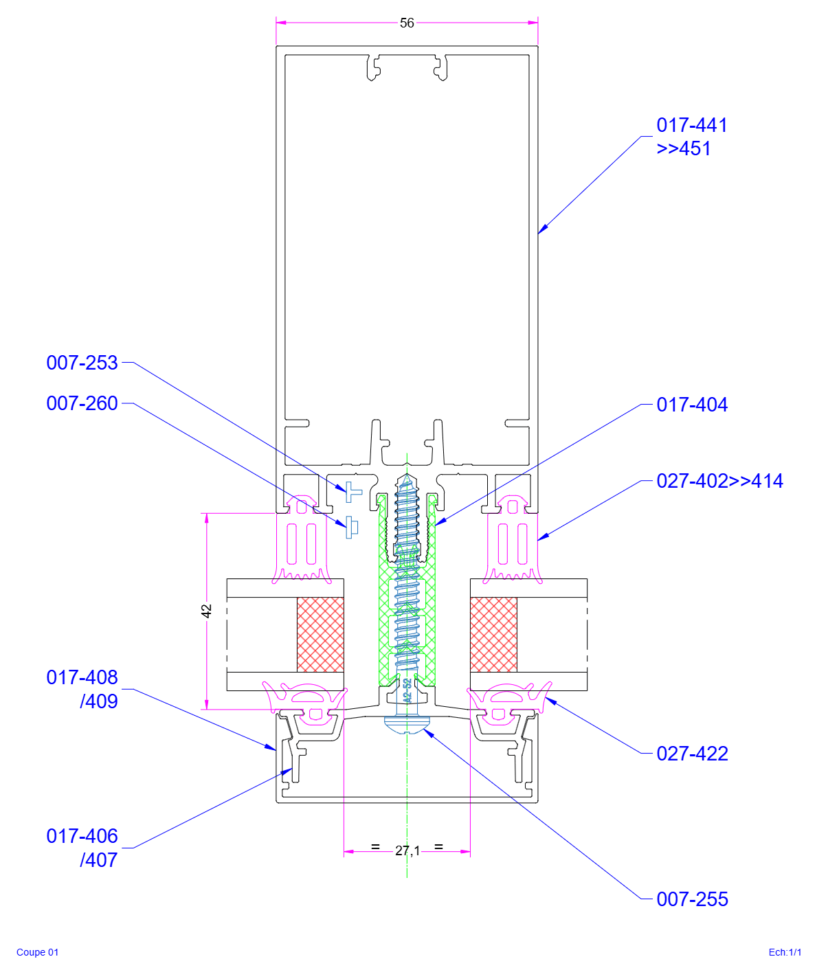 Coupe sur montant de la Tanagra® 017 en aspect grille, feuillure 42 mm : vitrages de part et d'autre, parclose, capot et joints.